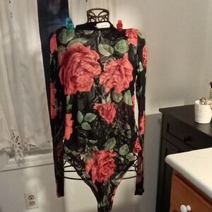 TeenBell Black and Red Floral Bodysuit